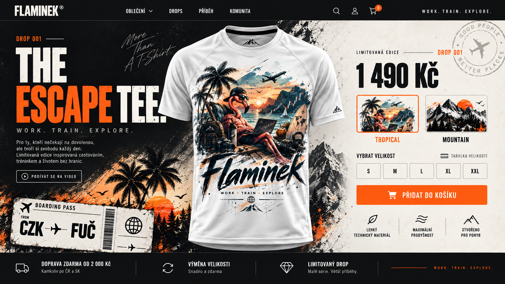 FLAMINEK The Escape Tee, limitovaný drop, 1 490 Kč. Tropical a Mountain. Vyberte velikost a přidejte do košíku.
